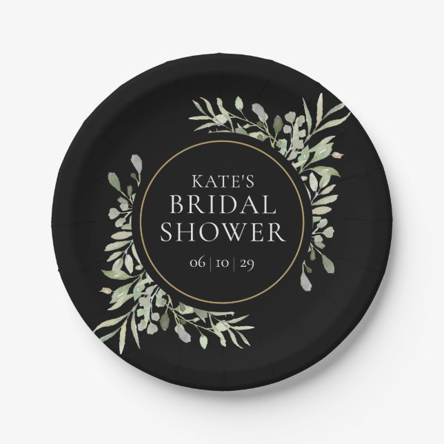 Black Gold Watercolour Greenery Bridal Shower Paper Plate (Front)