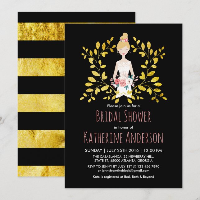 Black Gold Wedding Dress Bridal Shower Invitation (Front/Back)