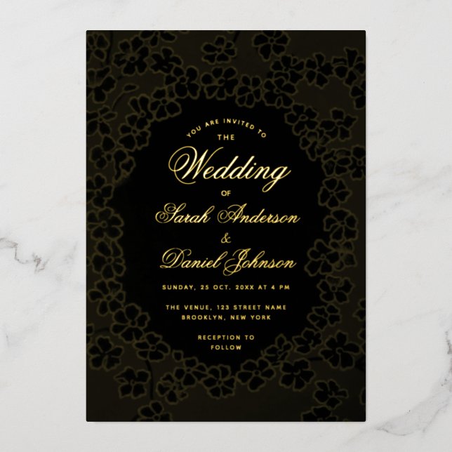 Black Gold Wedding Floral Frame Elegant Script (Front)