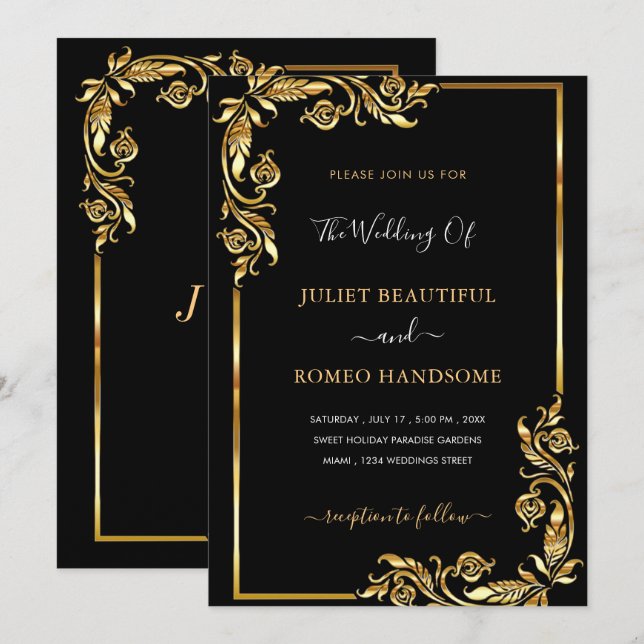 Black Gold Wedding Invitation Golden Floral Framed (Front/Back)
