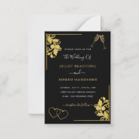 Black Gold Wedding Invitation Hearts and Champagne