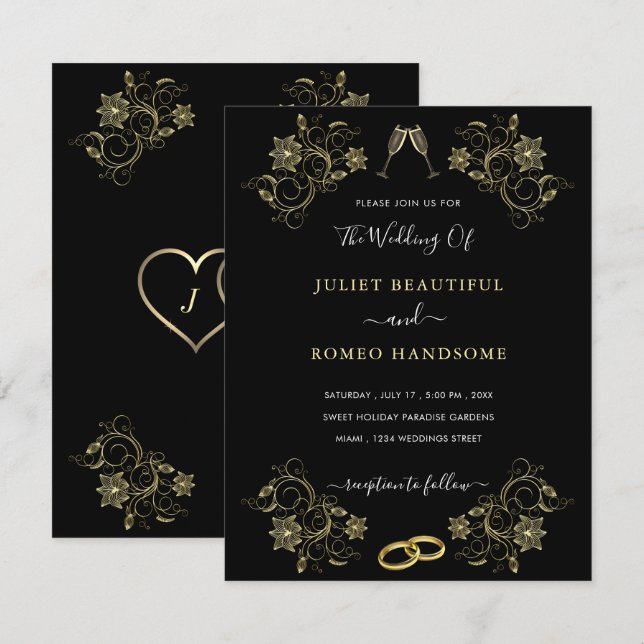 Black Gold Wedding Invitation Ring and Champagne (Front/Back)