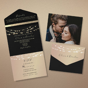 Black Gold Wedding Invitation with String Lights