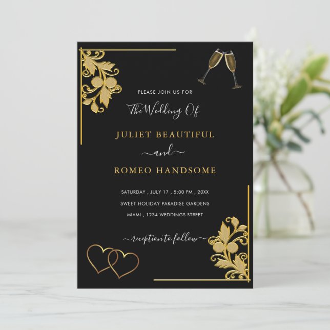 Black Gold Wedding Invitations Example with Hearts (Standing Front)