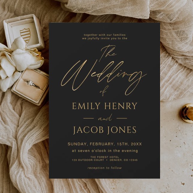 Black Gold Wedding Modern Typography Script Invitation (Creator Uploaded)