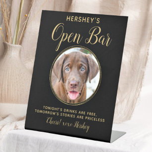 Black Gold Wedding Open Bar Custom Pet Dog Photo Pedestal Sign