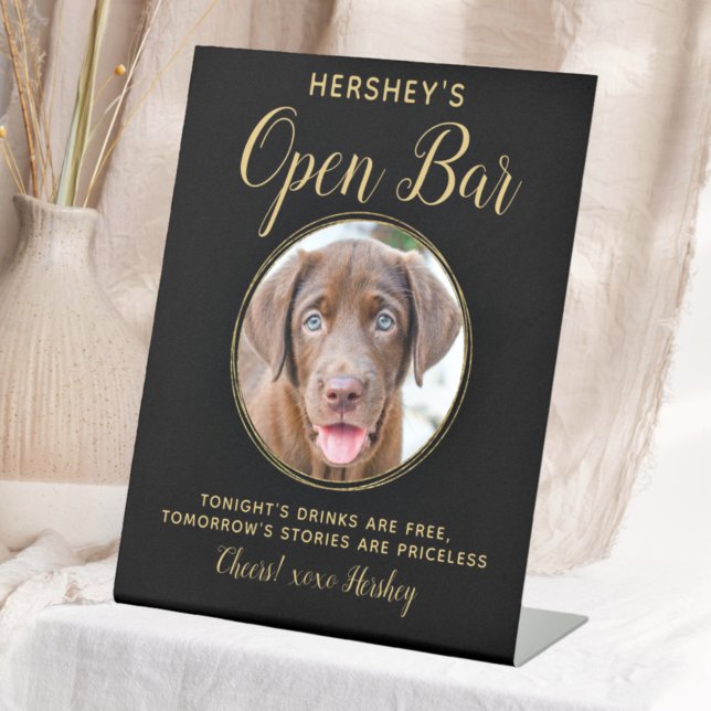 Black Gold Wedding Open Bar Custom Pet Dog Photo Pedestal Sign (Creator Uploaded)