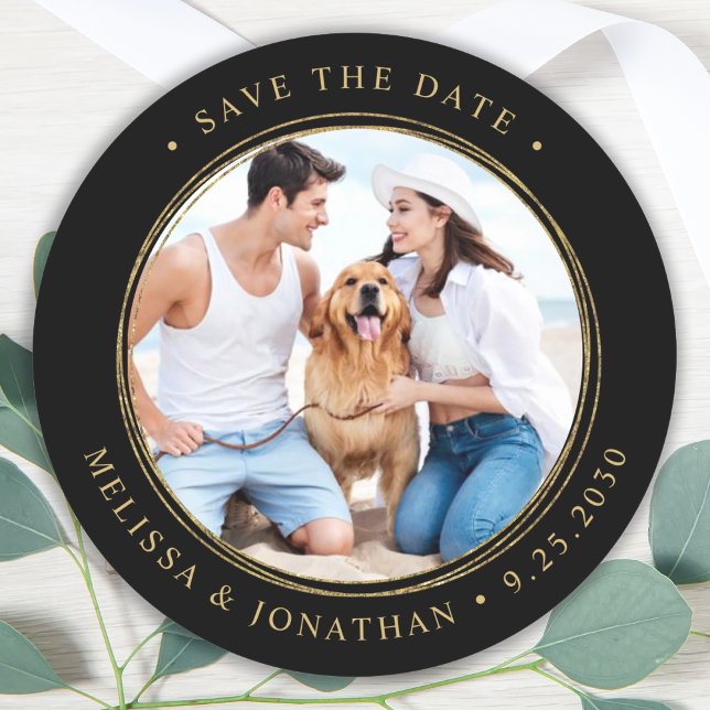 Black Gold Wedding Personalise Photo Save The Date Classic Round Sticker (Creator Uploaded)