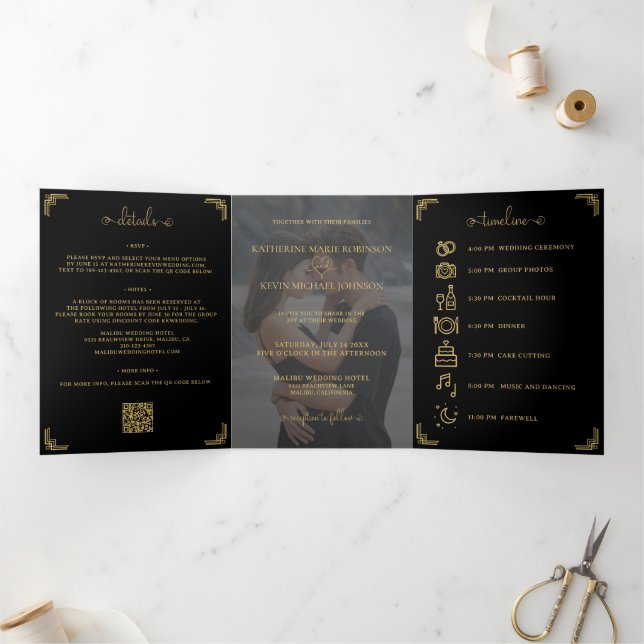 Black Gold Wedding Photo Elegant QR Code Gatefold Tri-Fold Invitation (Inside)