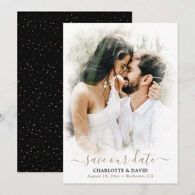 Black Gold Wedding Photo Save Our Date Card (Front/Back)