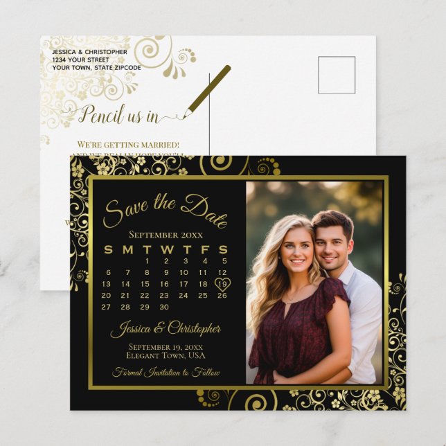 Black & Gold Wedding Save the Date Calendar Photo Announcement Postcard (Front/Back)