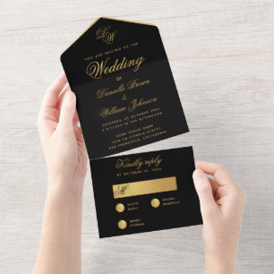 Black Gold Wedding Simple Elegant Script Monogram All In One Invitation