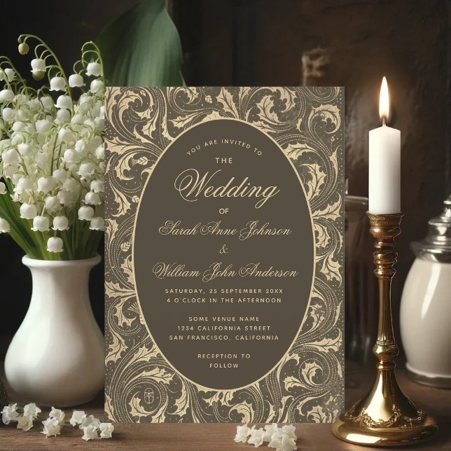 Black Gold Wedding Vintage Thistle Leaves Elegant Invitation (Creator Uploaded)