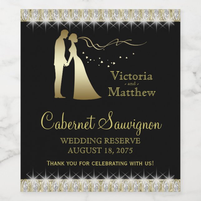 Black Gold Wedding Wine Bottle Labels (Single Label)