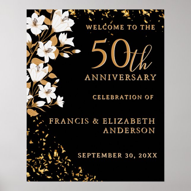 Black Gold Welcome Floral 50th Wedding Anniversary Poster (Front)