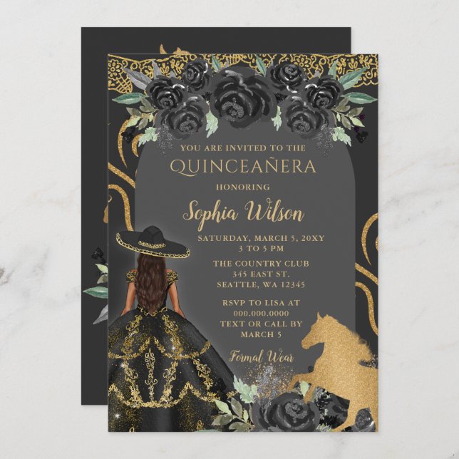 Black Gold Western Horse Floral Charra Quinceañera Invitation (Front/Back)
