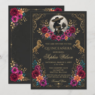Black Gold Western Horse Floral Charra Quinceañera Invitation