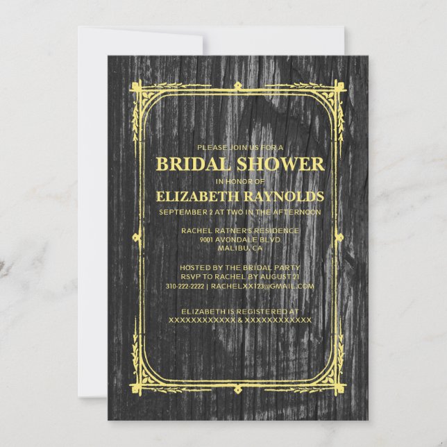 Black & Gold Western Wood Bridal Shower Invitation (Front)
