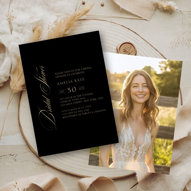 Black & Gold Whimsy Script Bridal Shower Photo Invitation (Creator Uploaded)