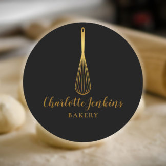 Black Gold Whisk Bakery Patisserie Script Classic Round Sticker