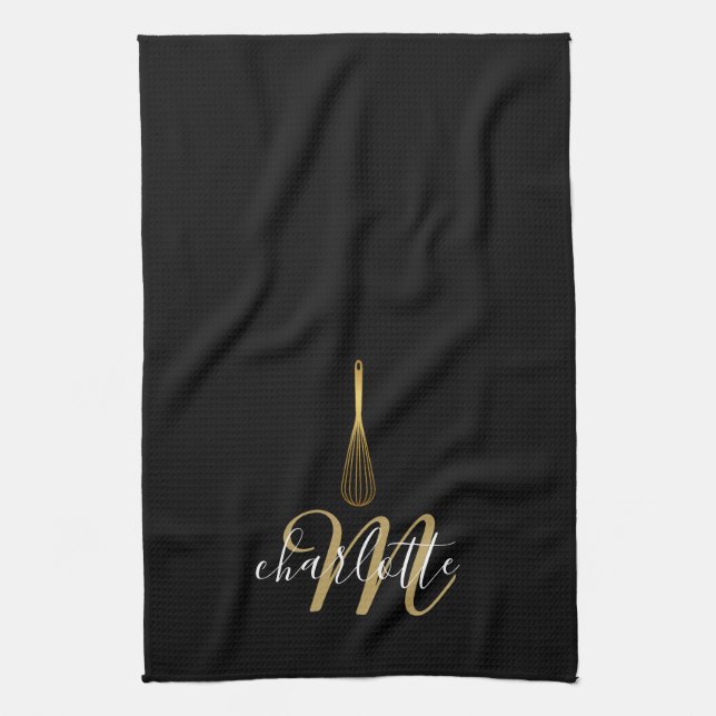Black Gold Whisk Script Monogram  Tea Towel (Vertical)
