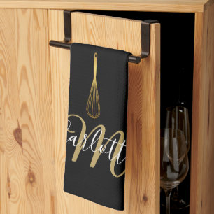 Black Gold Whisk Script Monogram  Tea Towel