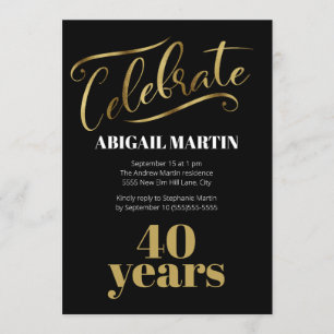 Black Gold White 40th Birthday Party Invitation