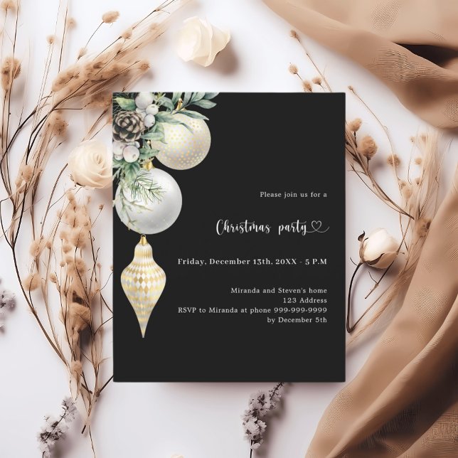 Black gold white bauble Christmas Party invitation (Creator Uploaded)