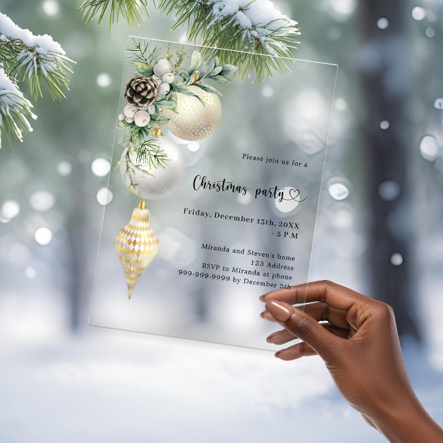 Black gold white baubles Christmas Party frosted Acrylic Invitations (Creator Uploaded)