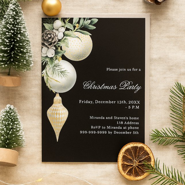 Black gold white baubles Christmas Party Invitation (Creator Uploaded)