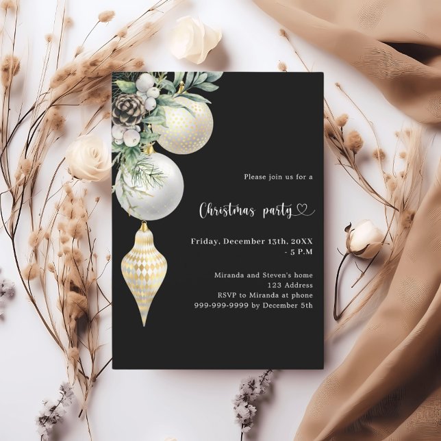 Black gold white baubles Christmas Party Invitation (Creator Uploaded)