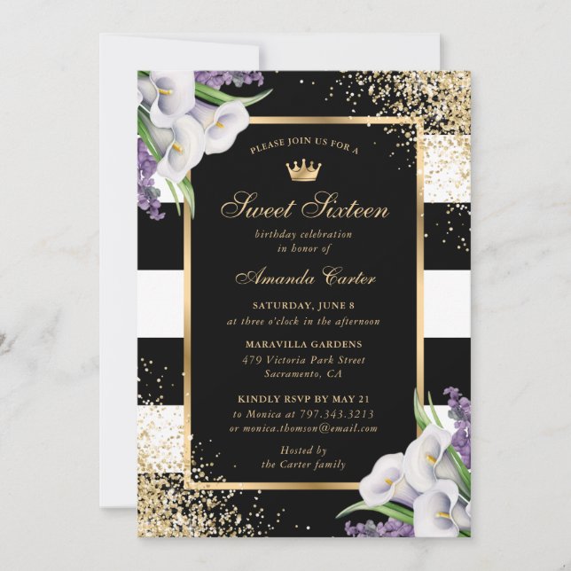 Black Gold White Calla Lily Sweet 16 Birthday Invitation (Front)