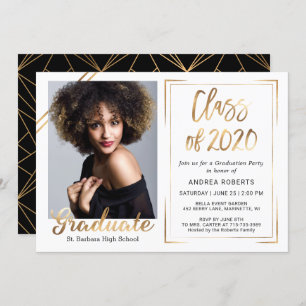 Black Gold White Class of 2020 Photo Graduation Invitation