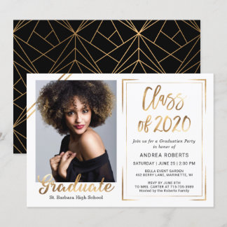 Black Gold White Class of 2020 Photo Graduation Invitation
