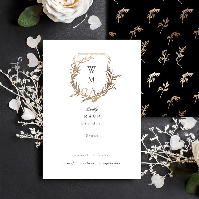 Black Gold White classic floral crest wedding RSVP Card (Creator Uploaded)