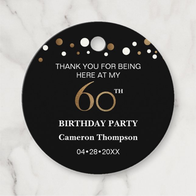 Black Gold white confetti 60th birthday Party Favour Tags (Front)