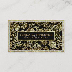 Black Gold & White Faux Glitter Floral Damasks Business Card
