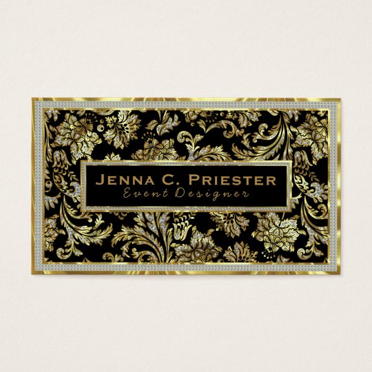 Black Gold & White Faux Glitter Floral Damasks Business Card