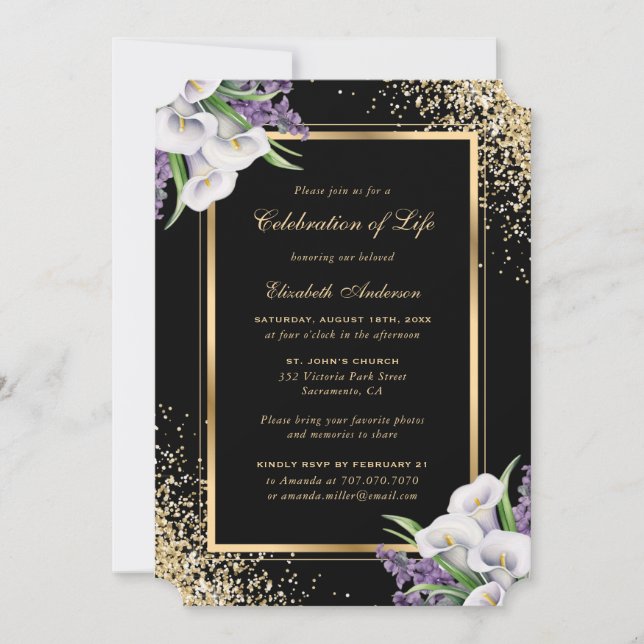 Black Gold White Floral Photo Celebration of Life Invitation (Front)