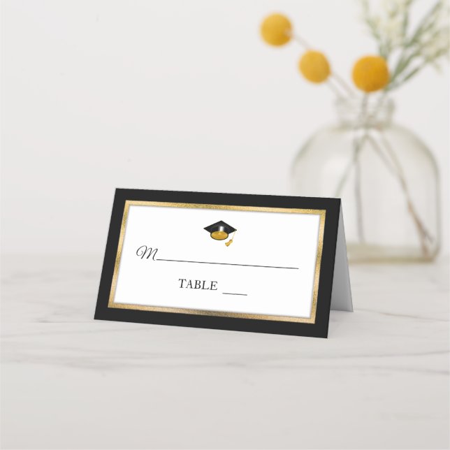 Black | Gold | White Grad Cap Place Cards (Front)