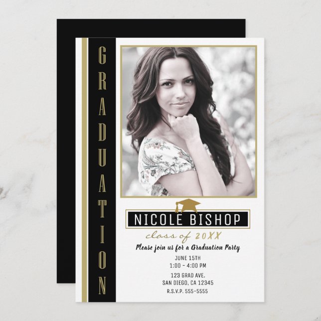 Black Gold White Graduation Party Photo Invitation (Front/Back)