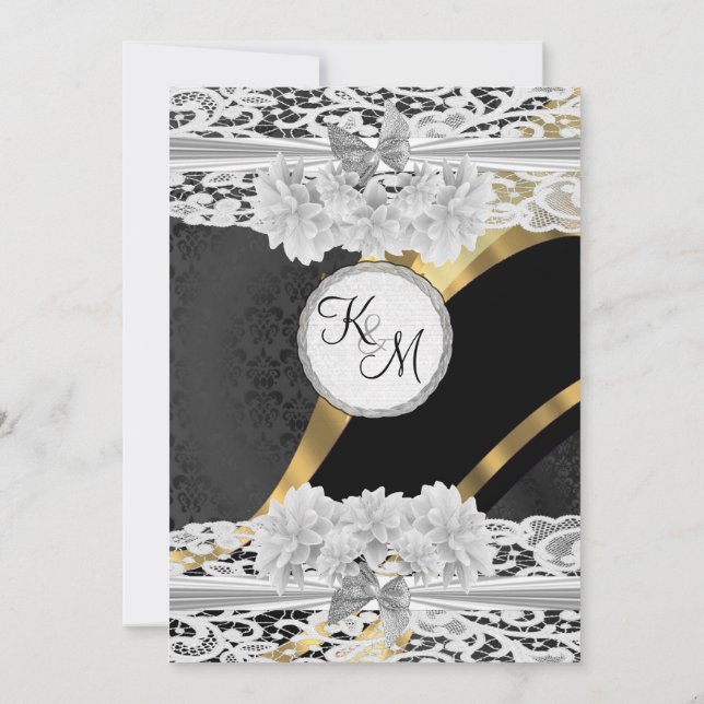 Black gold white lace monogram wedding invitation (Back)