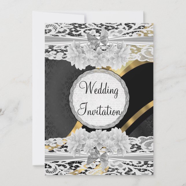 Black gold white lace vintage  wedding invitation (Back)