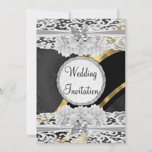 Black gold white lace vintage  wedding invitation