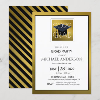 Black Gold White Male Graduate Graduation Party Invitation