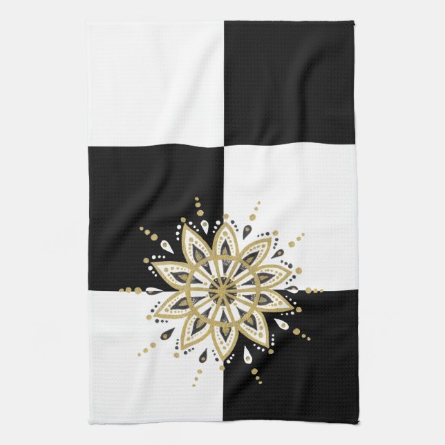 Black gold & white mandala geometric design 2a tea towel (Vertical)