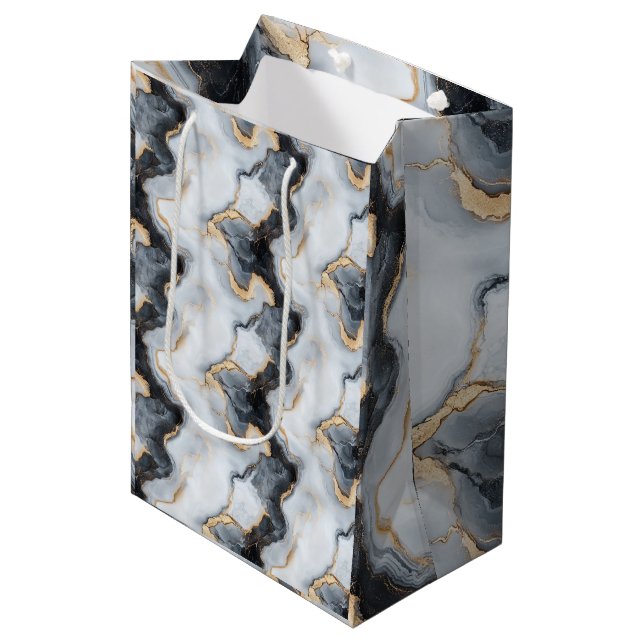 Black, Gold & White Marble Print Designer Gift Bag (Front Angled)