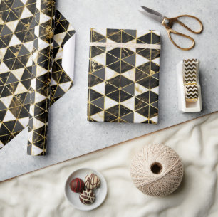 Black, Gold & White Marble Texture Geometric Wrapping Paper