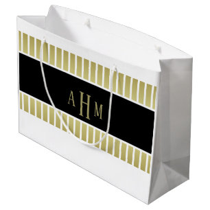 Black Gold White Monogram Stripe Large Gift Bag