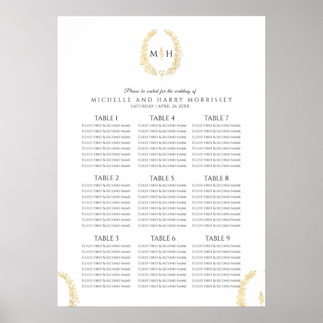 Black gold white oval wreath wedding seating chart (Front)